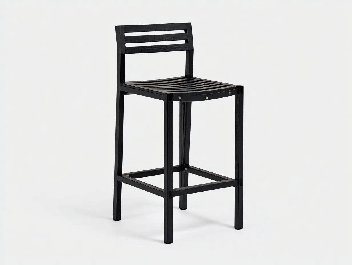 Taburete de bar para exteriores de madera 47×50×108 cm – negro – con respaldo y reposapiés