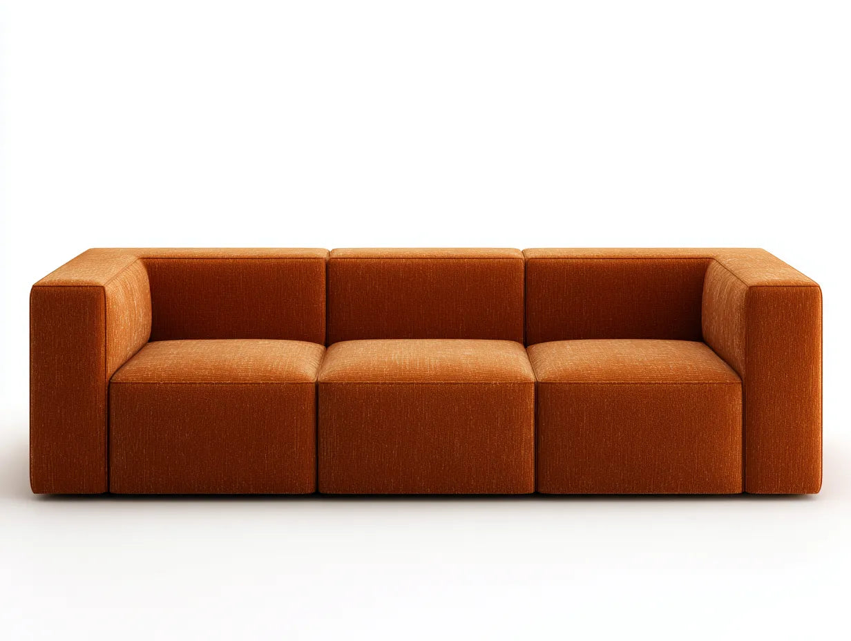 Sofá de 3 plazas 216×89×75 cm - tejido naranja coral - módulos redondeados de estilo moderno