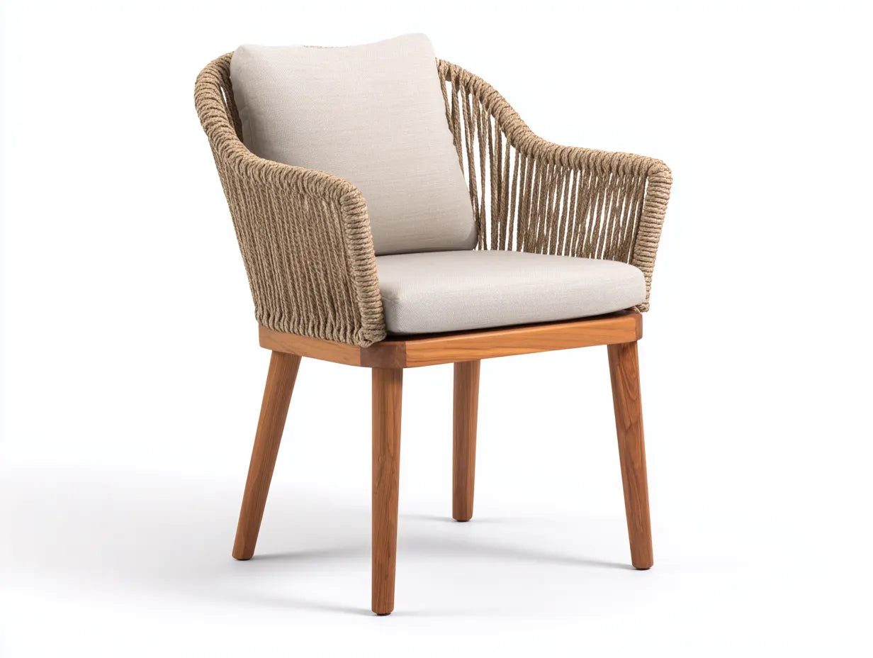 Sillas de comedor de jardín de cuerda y madera 60×62×86 cm – beige/madera natural – con brazos de estilo contemporáneo