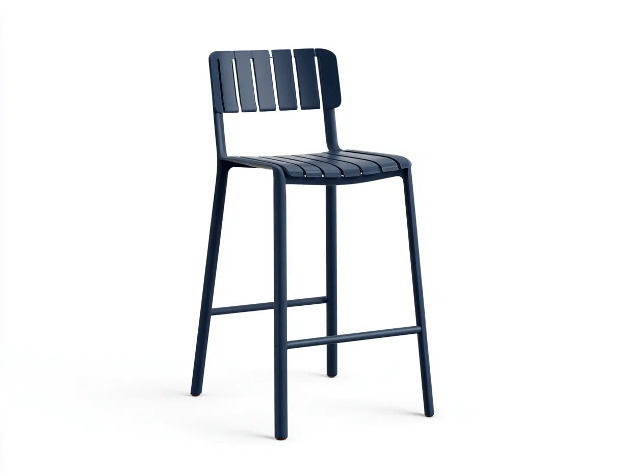 Taburete de bar para exteriores de metal azul marino 47×51×102 cm - asiento de lamas con reposapiés