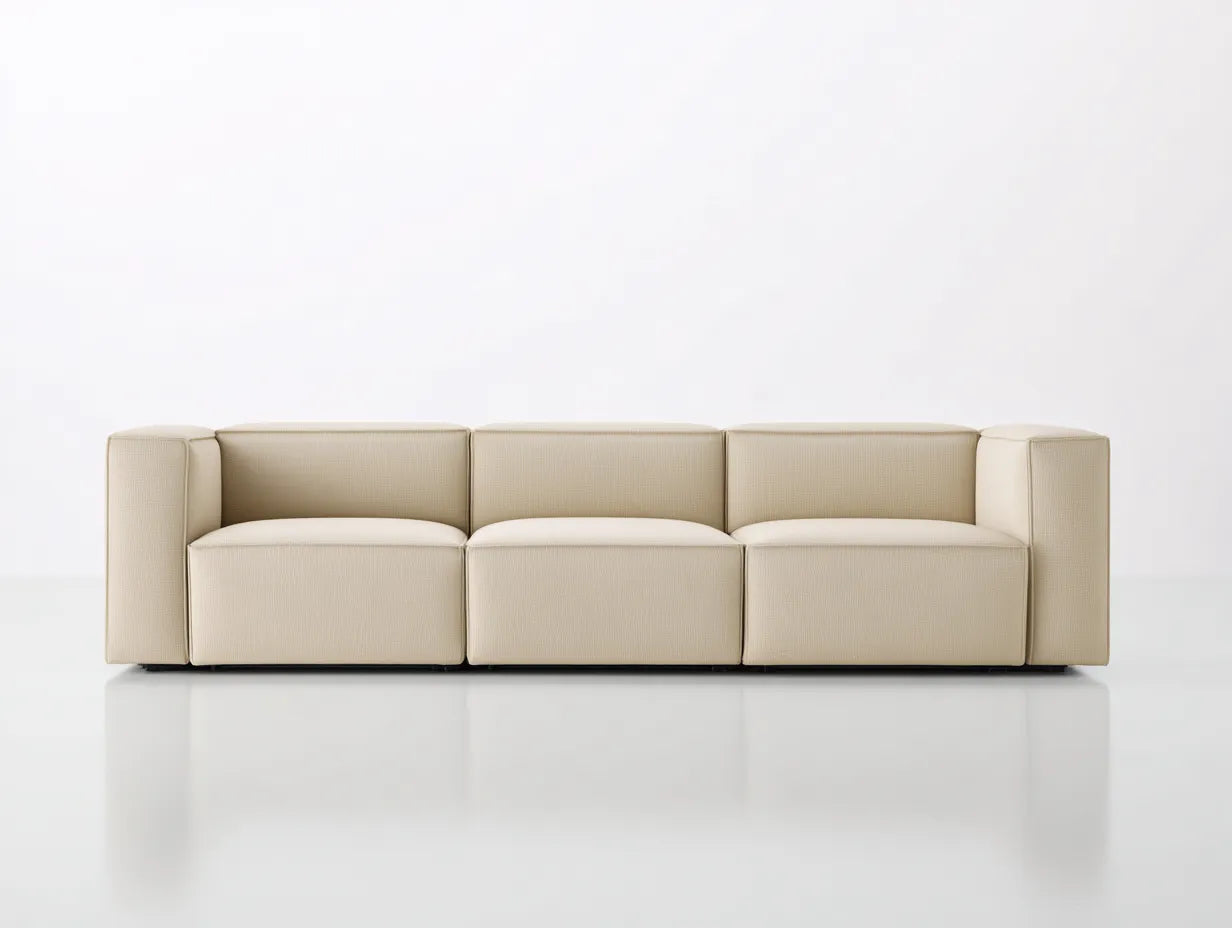 Sofá de 3 plazas 224×94×75 cm - tejido beige arena - módulos curvos de perfil bajo